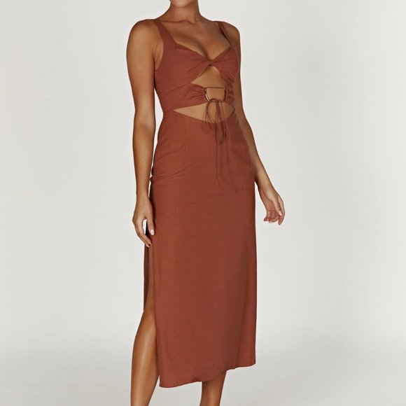 Meshki Dresses & Skirts - MESHKI Cut Out O Ring Linen Midi Dress - Brown